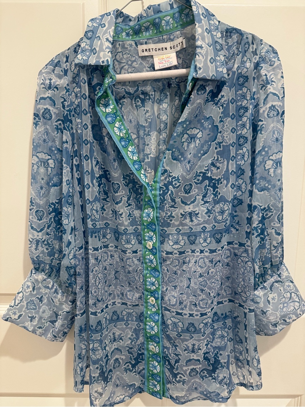 Gretchen Scott Designs Blue Floral Print Button-Up Blouse with Green Trim